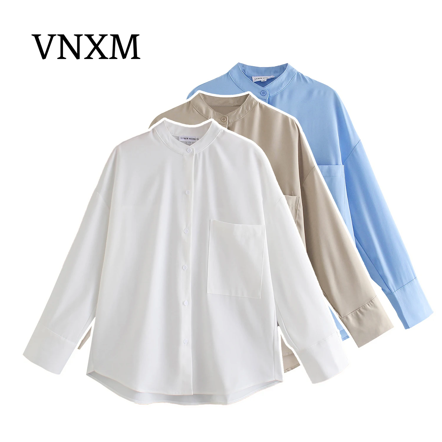 

NVXM women's summer new round neck full-sleeved white shirt loose casual stand-up collar tooling collarless long-sleeved shirt