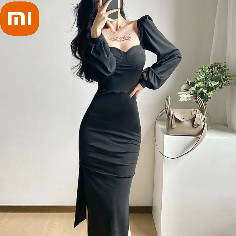 

XIAOMI Elegant Evening Party Midi Dresses Ladies Bodycon Retro Korean Dress Women Long Slevee France Vintage Dress Autumn