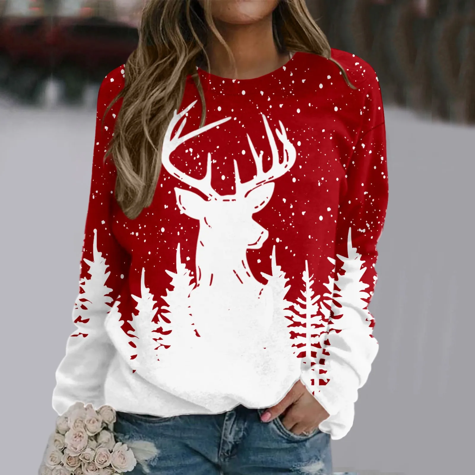

Christmas Hoodies Women Red Xmas Reindeer Print Long Sleeve Sweatshirts Female Round Neck Basic Basic Sweater Vantage Sueter