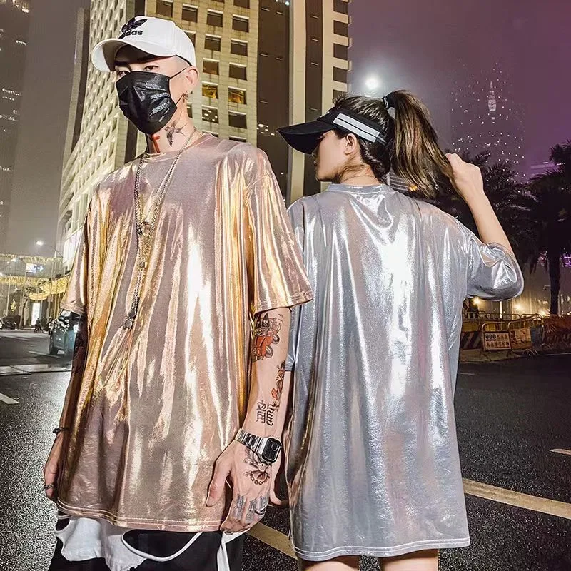 

Women Men Glittering T-shirt Hip-hop Couple 2022 Summer New Trendy Brand Loose Student Short-sleeved O-neck Casual Tops Tees