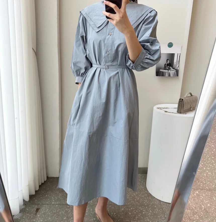 

Fashion Korean Women Summer Vintage Elegant Turn Down Collar Three Quarter Office Work Belt Single Breasted Casual Long Dress