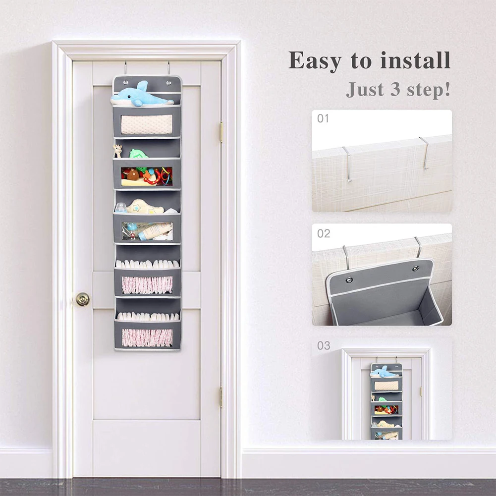 

Over Door Organizer 5 Pockets Storage bag Space Saving With 2pcs Hooks Clear Window Toys