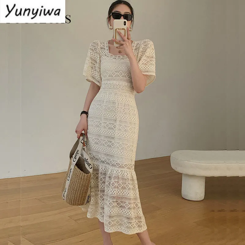 

Elegant Lace Chic Vintage Woman Bodycon Midi Dress Square Collar Short Sleeve Hollow Out Geometric Vestido De Mujer 2022