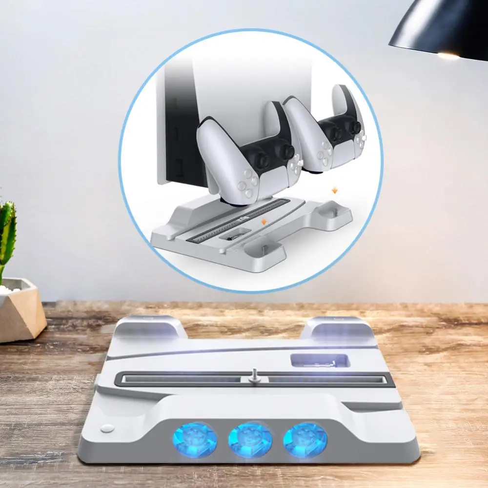 

Подставка для консоли PS5 с горизонтальным охлаждением, база для PS5, зарядное устройство для контроллеров Playstation 5 с радиатором с сисветодиодн...