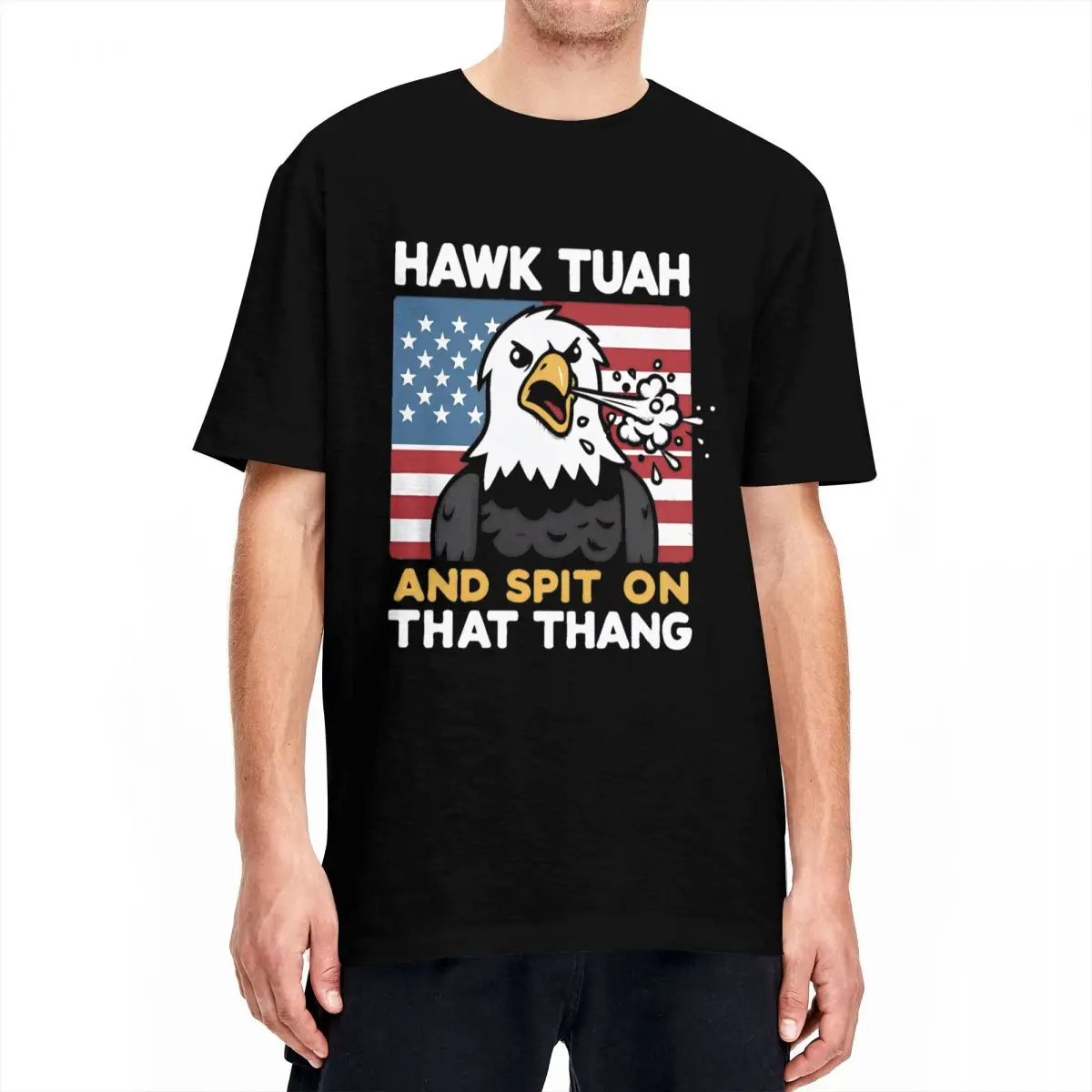 Футболка с надписью Hawk Tuah 24 и воплением на это футболка смешным юмором