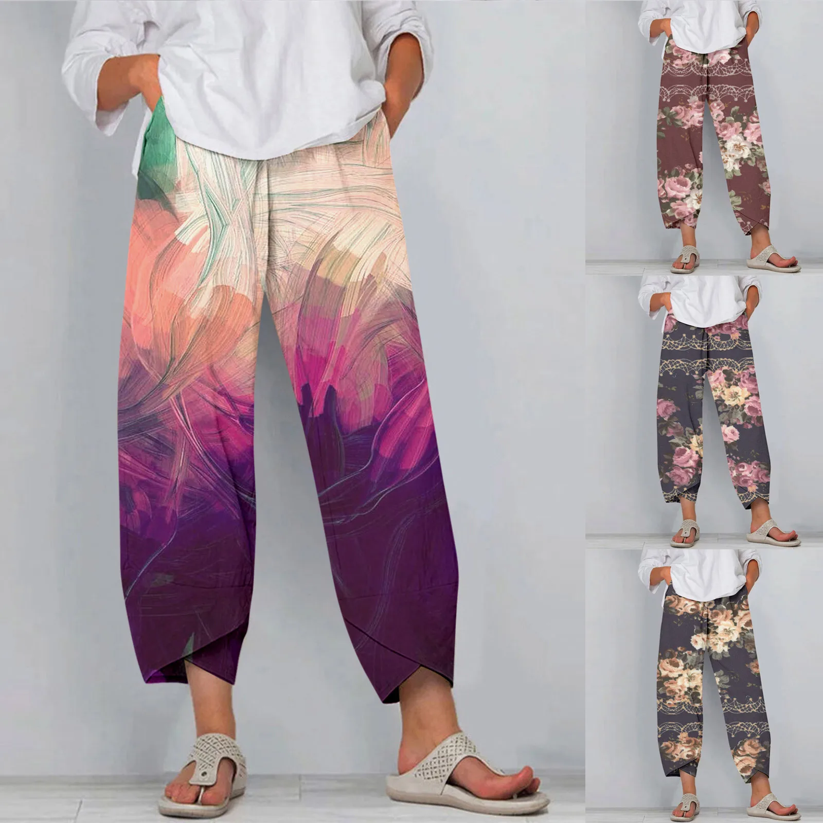 

Fashion Trousers For Women Wide Leg Capris Womens Summer Cropped Pants Beach Elastic Casual Linen Pants For Women Plus Size