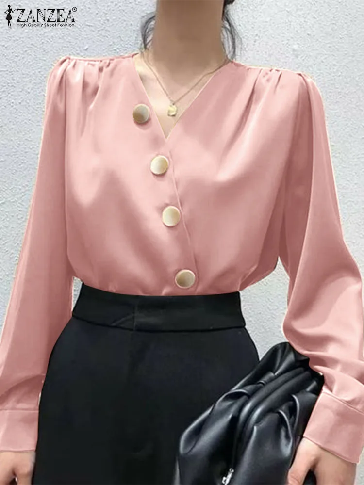 

Блузка ZANZEA женская с V-образным вырезом, Элегантная Модная Однотонная рубашка с запахом, модная повседневная со складками, с длинным рукавом, осень 2023
