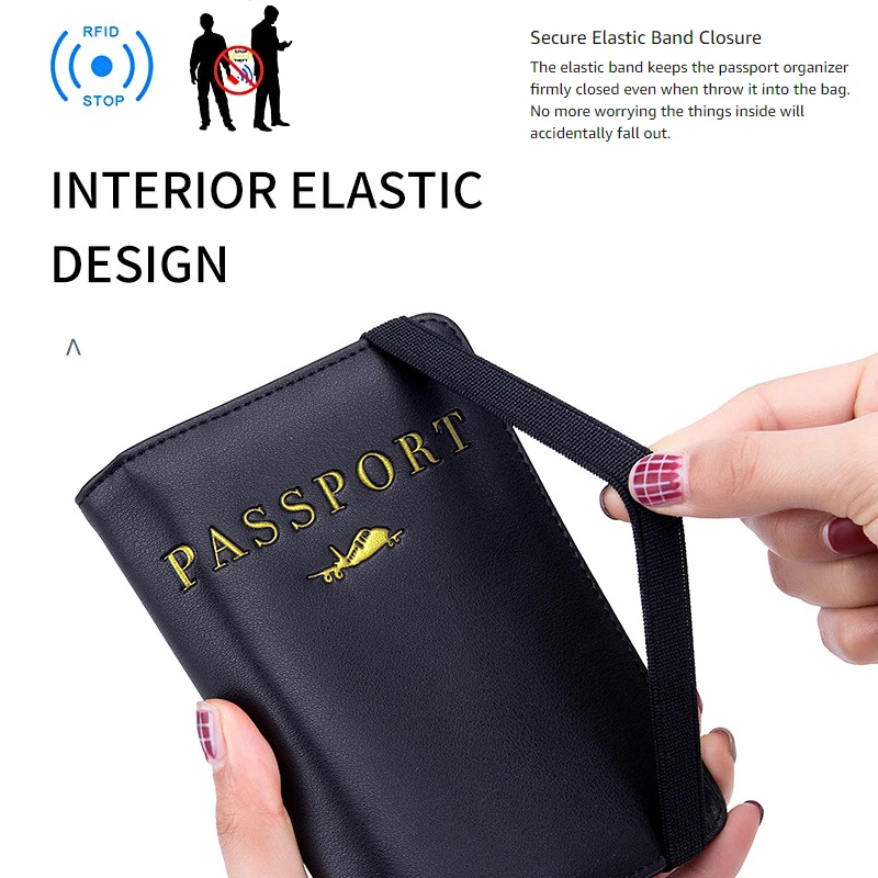 Leather RFID Blocking Passport Holder with Elastic Strap Cowhide Travel Wallets Protector Cover Case Card Holder for Men/Women