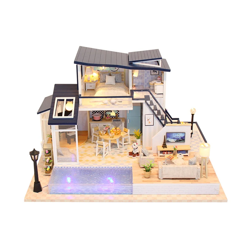 

European Pool Wooden DIY Doll House Mermaid Tribe Villa With Furnished Dollhouse Toys For Kids Christmas Gift Birthday Surprise