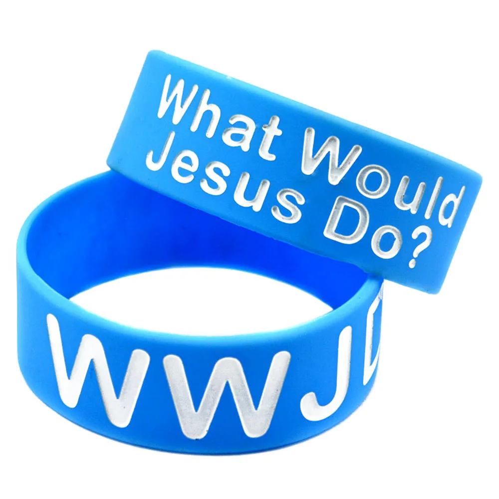 Фото 1 шт. синий силиконовый браслет с надписью WWJD (What Would Jesus Do), ширина 1 дюйм. №1