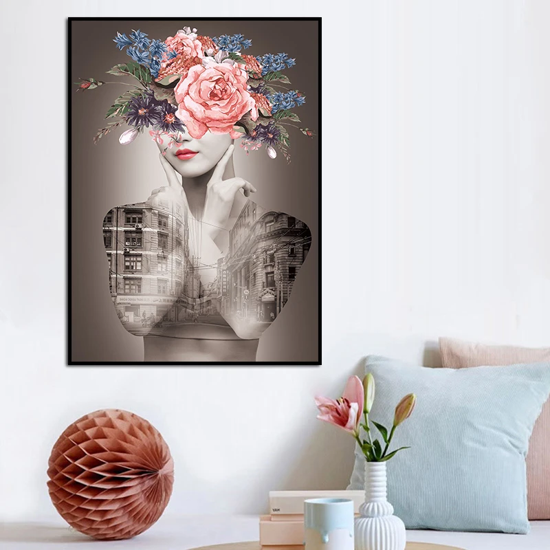

Flower Head Woman Canvas Painting Wall Art Abstract Woman Floral City Pictures Poster Prints For Living Room Home Decoration
