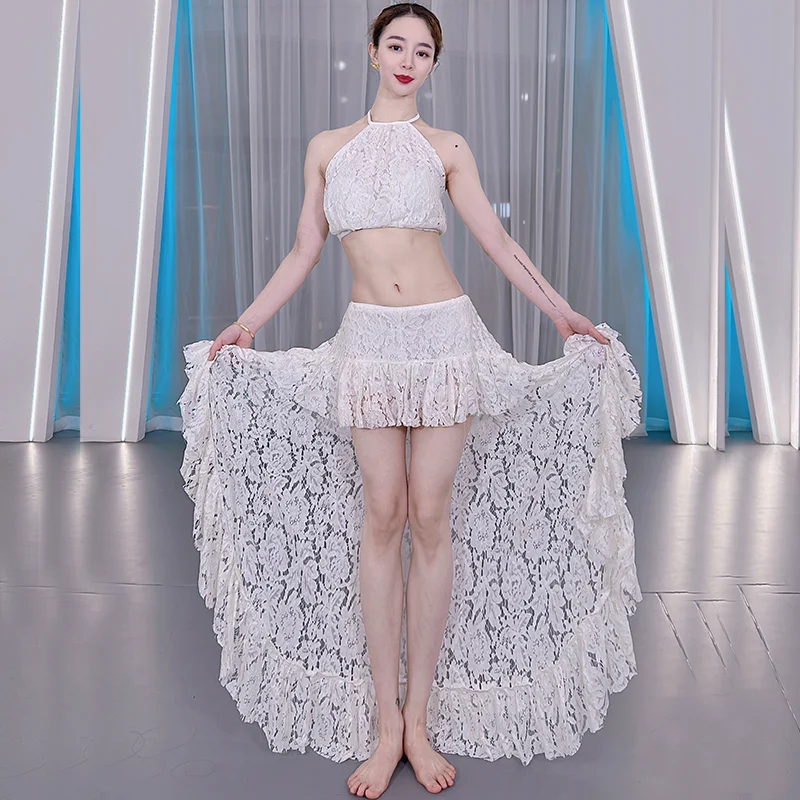 

2023 Women's Dance Dress Off Shoulder Top and Skirt Side Split Abdomen Dance Dress Girl Set Flower Lace Dress