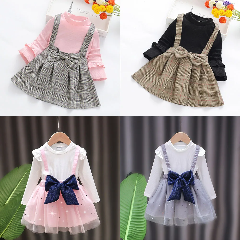 

New Girl Dress Solid Color High Quality Strap Fake 2 Pieces Long Sleeve Bow Decoration Baby Girl Clothes Cute Princess Skirt