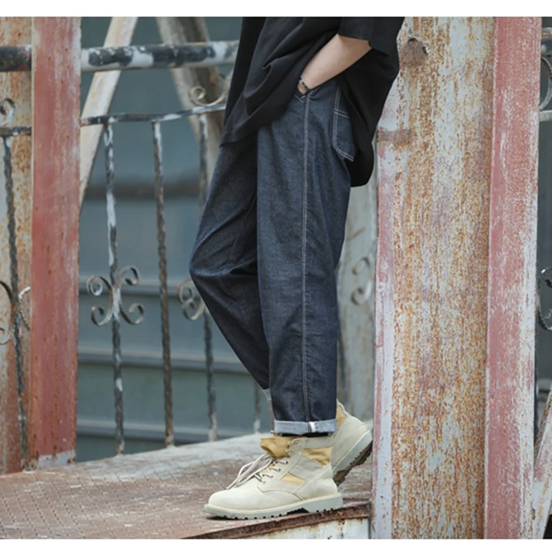 Streetwear Men 2022 New Pattern Vintage Recreational Navy Blue Jeans Loose Straight Cylinder Broad Leg Trousers Autumn Female