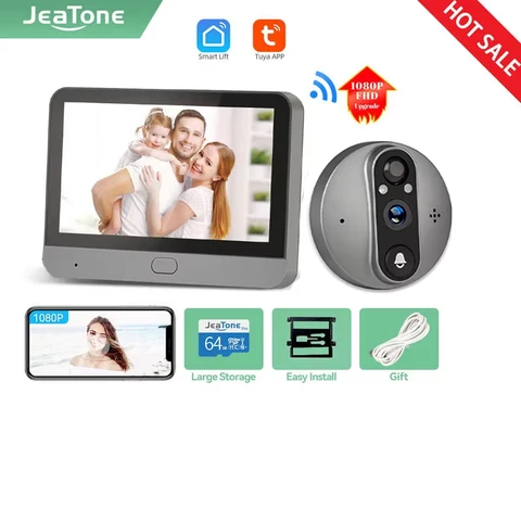 Умный дверной звонок Jeatone видеодомофон для дома  Tuya с Wi-Fi Video eye домофоны для квартиры и камерой 1080P/120 °, видеоглазок для двери, ЖК-экран 4,3 дюйма видеоглазок для двери , 24-часовой PIR-датчик движения