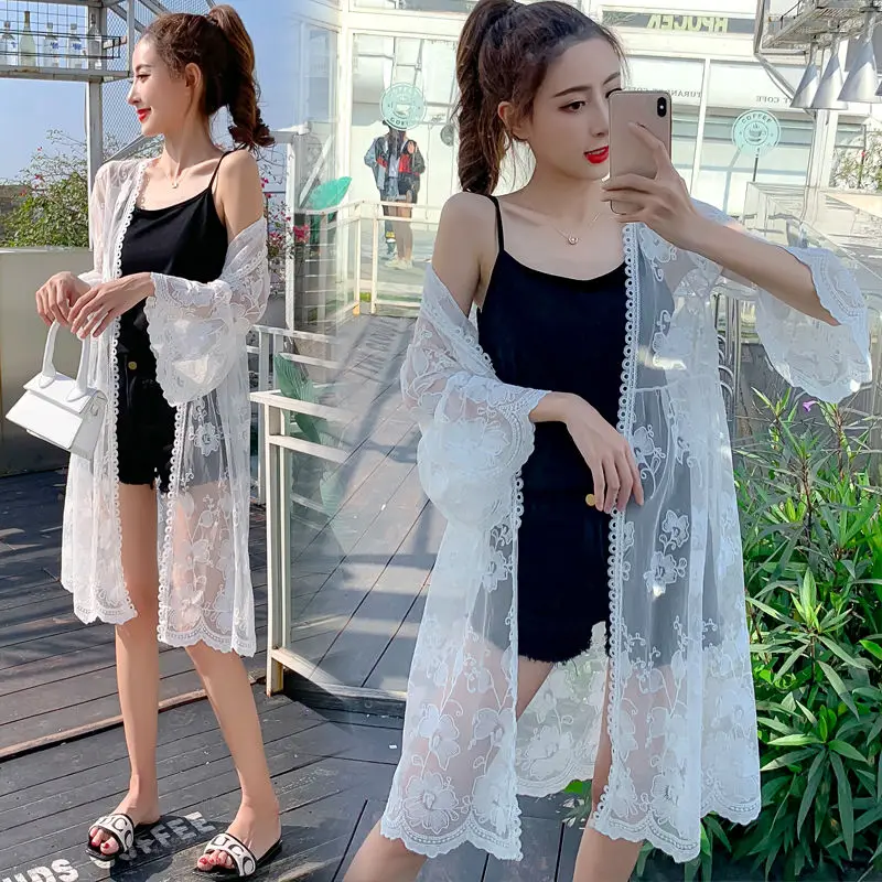 

Women 2022 Summer Fashion Lace Air Conditioning Shawl Female Long Thin Cardigan Coats Ladies Loose Sun Protection Jackets J72