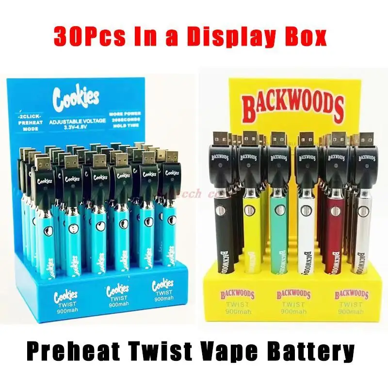 30pcs Cookies Backwoods 900mAh Preheat VV Batteries Voltage Adjustable With USB Charger Fit 510 Thick Oil Cartridges tank