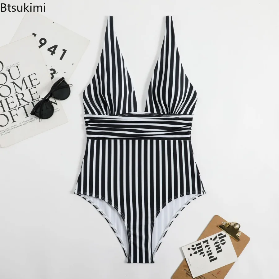 

2024Summer Striped Bikini Set V Neck Skinny Womens Sexy Swimsuit Beach Bathing Suit Push Up Swimming Backless One Piece Swimwear