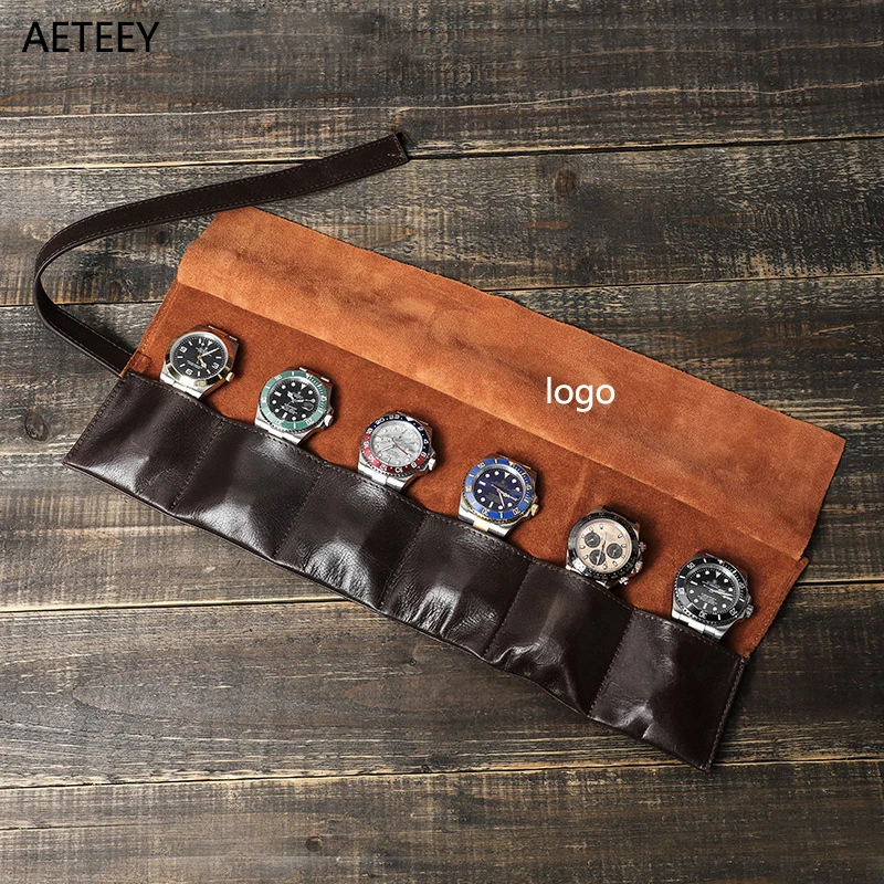 

Coffee Green Oil Wax Watch Case Bag 6 Slots Bundle Convenient Travel Watch Storage Bag Organizers Watches Bag Customizable Logo
