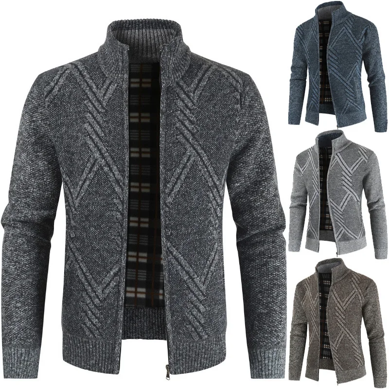 

Men's Hooded Cardigan Sweater Winter New Fleece Zipper Stand-up Collar Solid Color Casual Knitted Sweater Jacket Male Clothing