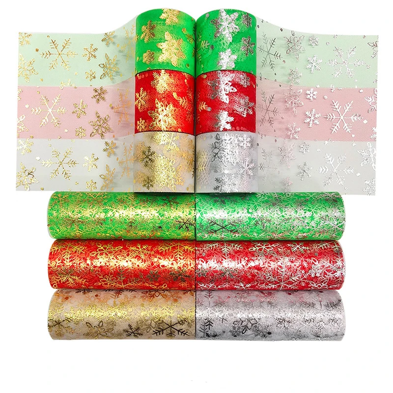 

6cm 25yards Snowflake Printed Tulle Ribbon Winter Theme Mesh Film Tape for Girl's Headband Bowknots Christmas Party Decoration