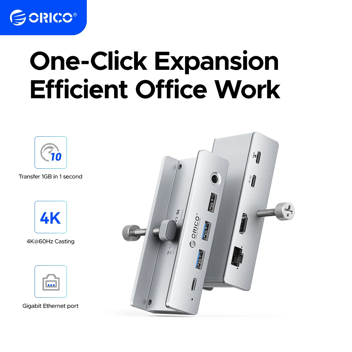 Фото Алюминиевый USB-хаб ORICO 8-в-1 с клипсой и блоком питания, подходит для высокоскоростной передачи данных 10 Гбит/с на MAC OS и ПК №1