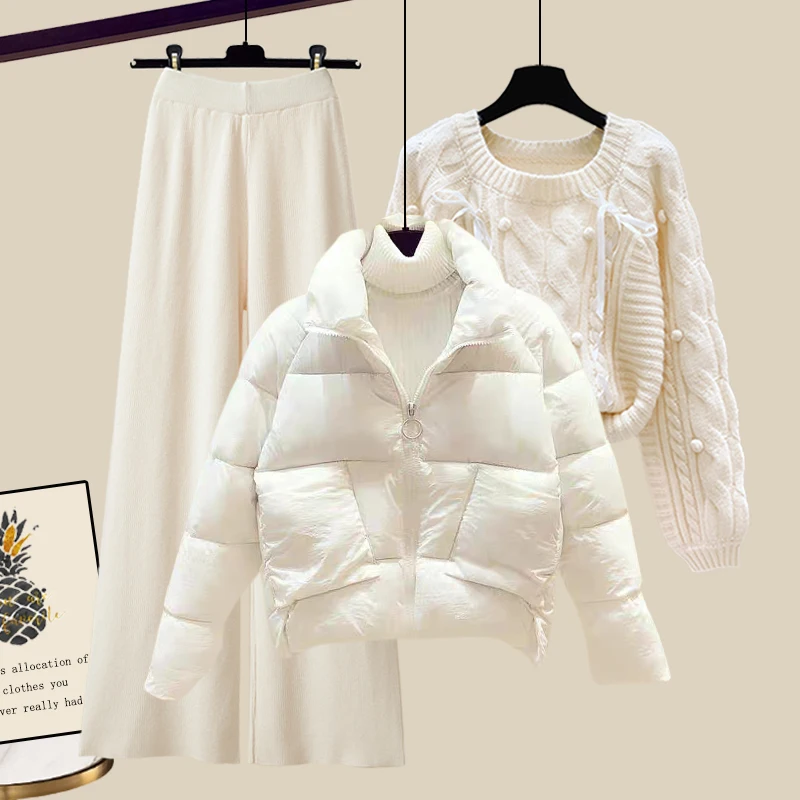 

Explosive women's coat cotton-padded sweater knitted pants small fragrance suit age-reducing meat cover three-piece set