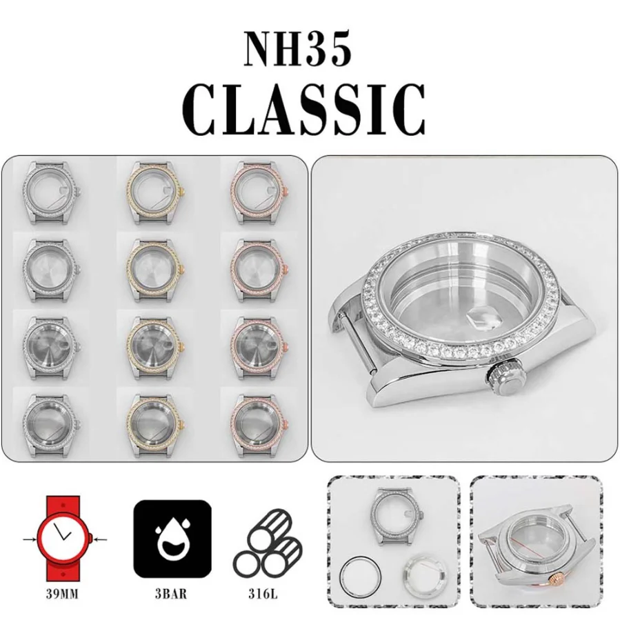 

39mm case rose gold gold silver steel transparent back sapphire glass diamond bezel NH35/36 movement watch MOD NH35 case dial