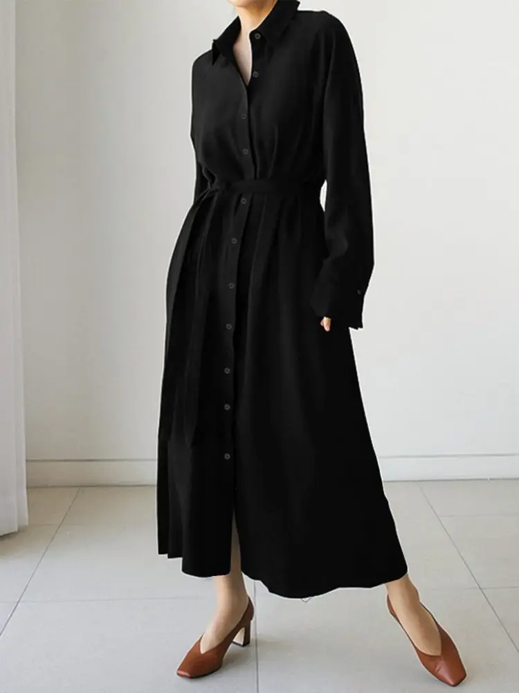 

ZANZEA Women Elegant Lapel Neck Long Sleeve Midi Dress Fashion Casual Solid Kaftan Sundress Autumn Office Work Shirt Vestidos