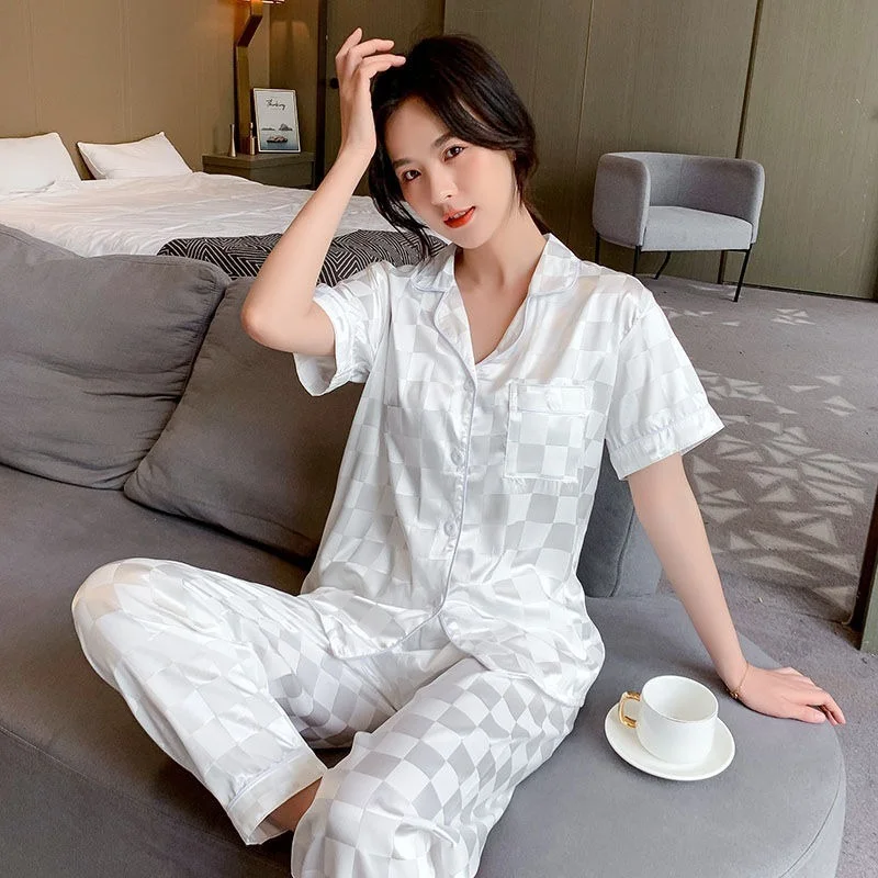 Plaid Pajamas Ladies Summer 2023 New Large Size Spring and Autumn Long Sleeve Thin Ice Silk Homewear Set