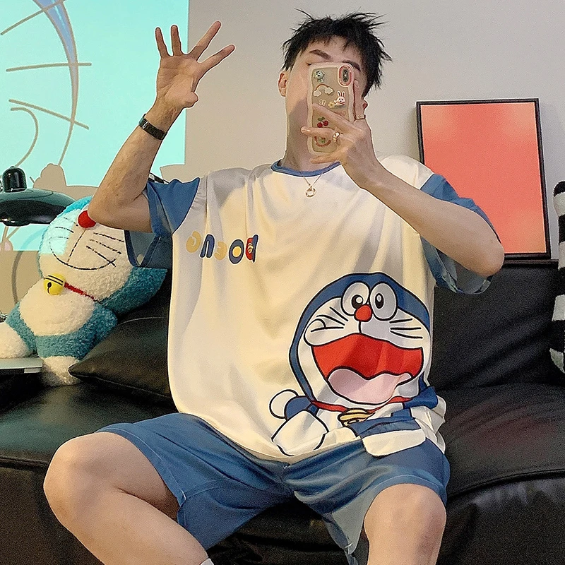 

Summer Men Pajama Sets Lovers Women Pijama Mujer Cartoon Doraemon Sleepwear Boys Man Silk Cloth Korean Loose Pyjama Suit