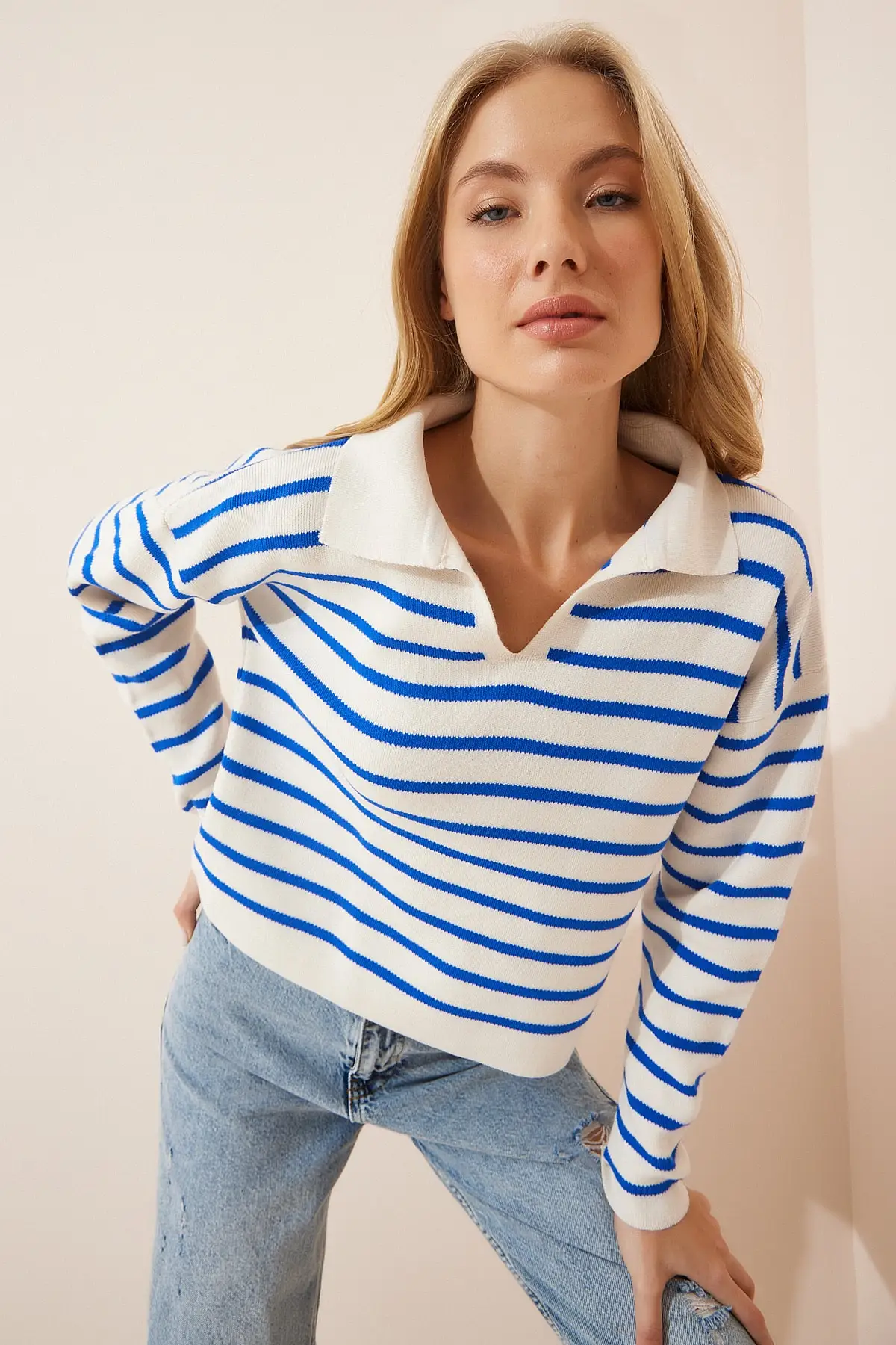 Women's Blue Bone Polo Collar Crop Knitwear Sweater US00293