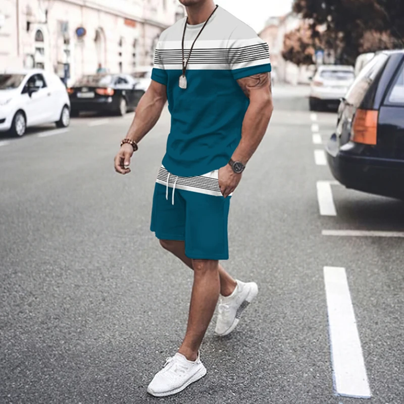Men Tracksuit Summer Stripe Series Short Sleeve T Shirt Suit Sportswear Jogging 3D Printed Trend Casual Clothes 2 Piece Set images - 6