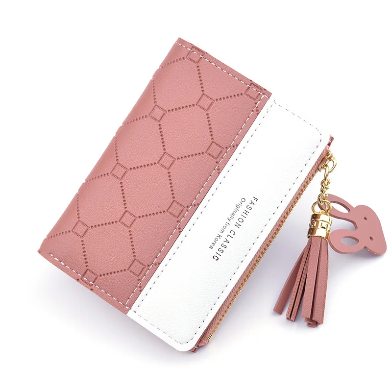 

Women Simple Mini Money Tassel Holder Wallets Bag Patchwork Zipper Small Embossed Wallet Cute Checked Short Pink Purse Card