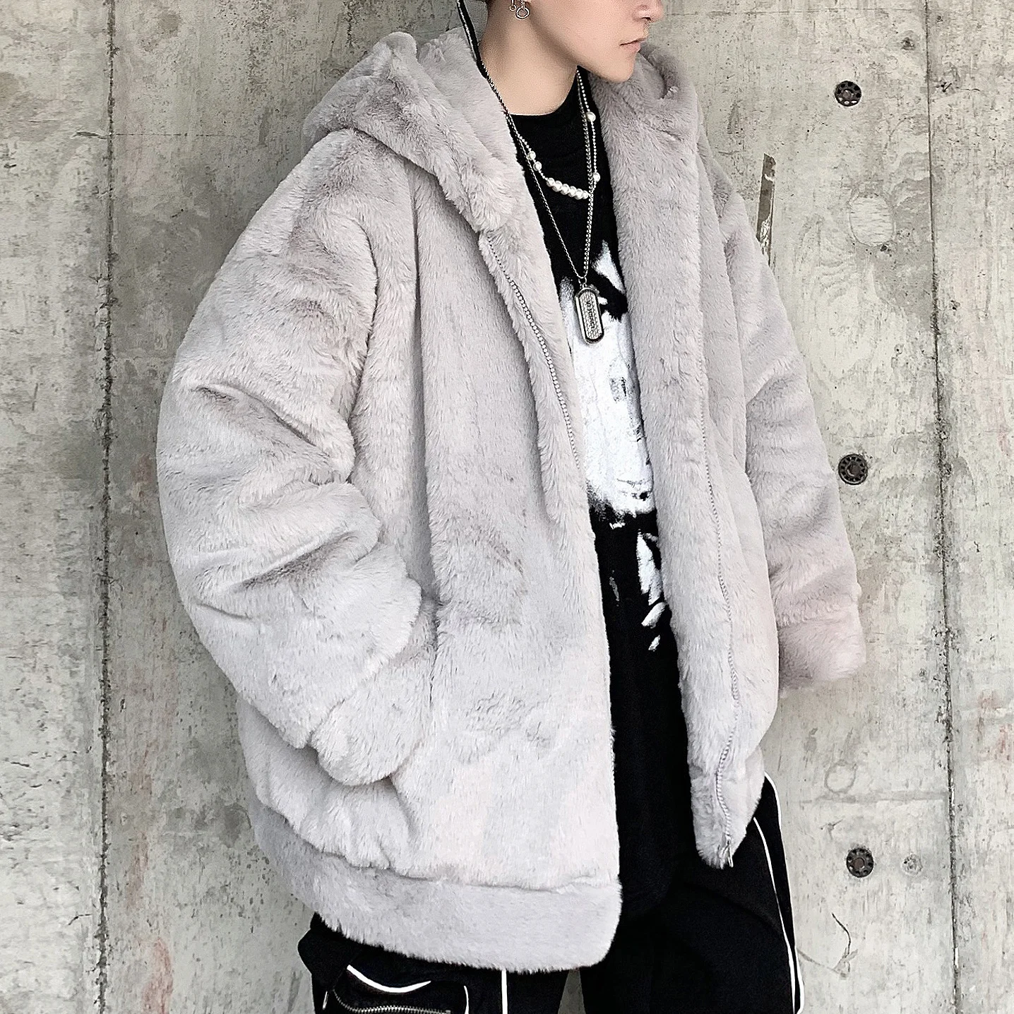 

3 Solid Colors Loose Rabbit Hair Thickened Coat Hooded Wool Gray White Casual Mens Fur Veste Fourrure Homme 2024 Winter