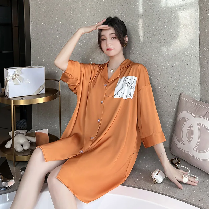 

Nightgown Sleepwear Ice Silk Lapel Night Shirt Home Dress Sexy Mini Nightdress Home Clothes Printing Short Sleeve Night Dress