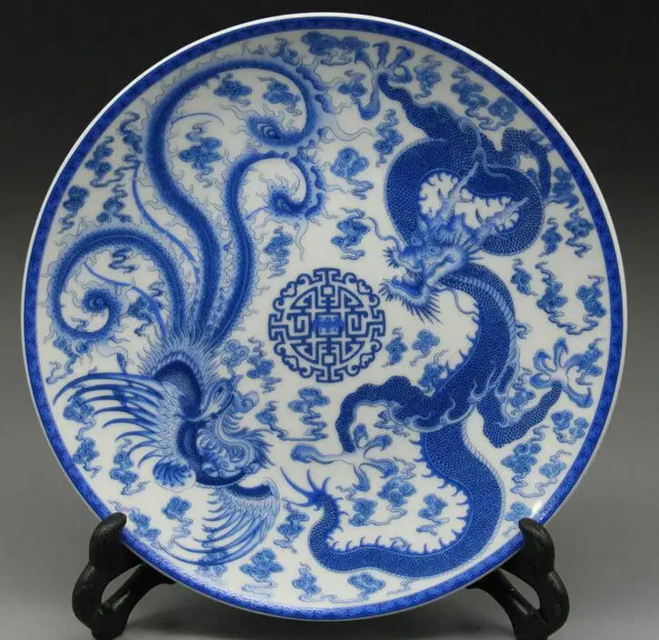 

Chinese Blue and White Porcelain Plate Painted Dragon Phoenix w Qianlong Mark
