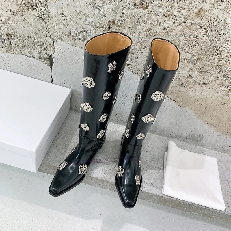 Black Metal Decorative Low Heel Boots Chunky Heel Rider Boots Women's New All-match Long Boots