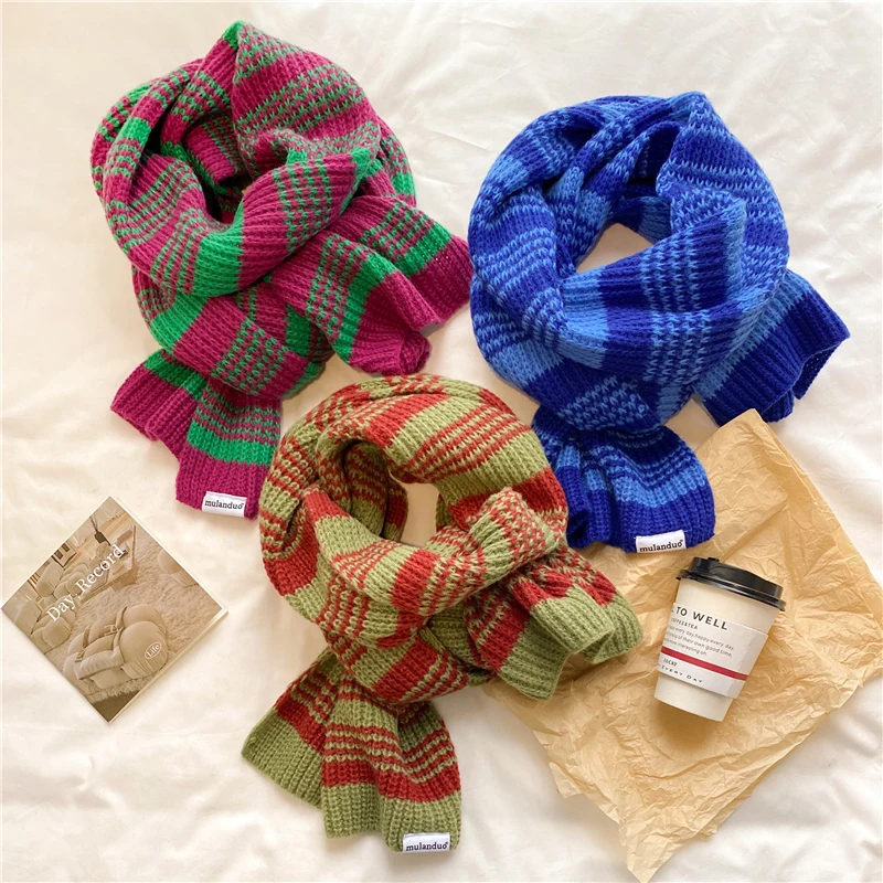 

Design Woolen Yarn Knitted Scarf for Women Fashion Striped Warm Neckerchief Winter Thick Shawl Korean Style Elastic Neck Muffler
