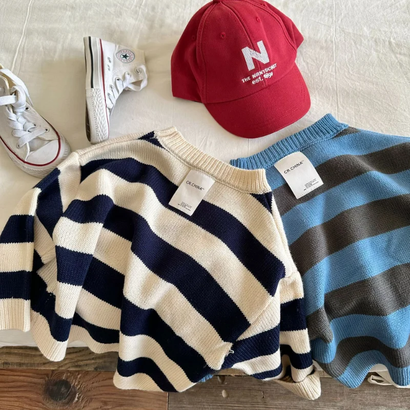 

Fashion Striped Sweaters Boys Kids Spring Knitted Loose 2023 Pullover Knitwear Neck Girls Round