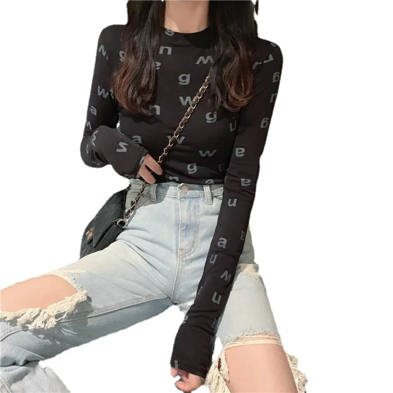 

Letter Printed Tshirt O Neck Long Sleeves Women Autumn Bottoming Tee Tops All Match Tee Shirt Plus Size Undershirt