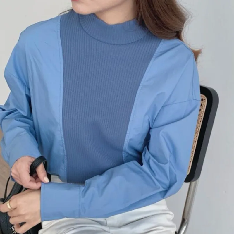 

Korean Version of Knitted Ladies Causal Fluffy Long-sleeved Stitching Shirt Autumn and Winter Half High Pullover Top Neck