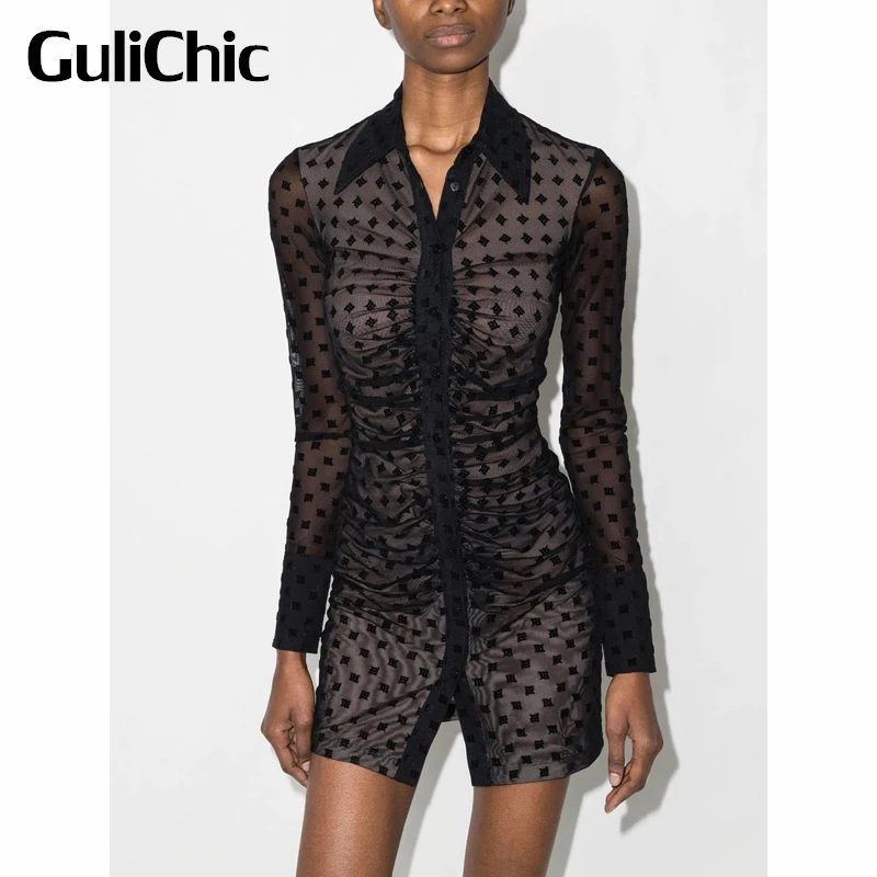 

5.20 GuliChic Women Fashion Letter Jacquard See Through Mesh Black Sexy Ruched Slim Shirt Dress