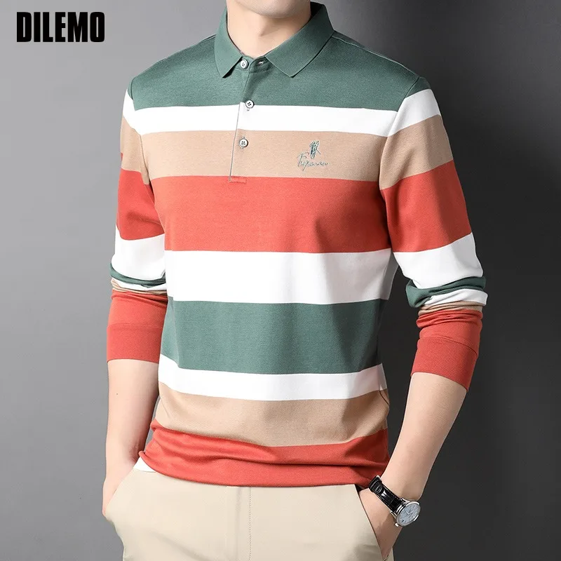 

Top Grade Cotton New Fashion Designer Logo Brand Stripped Luxury Mens Polo Shirt With Long Sleave Casual Tops Men Clothing