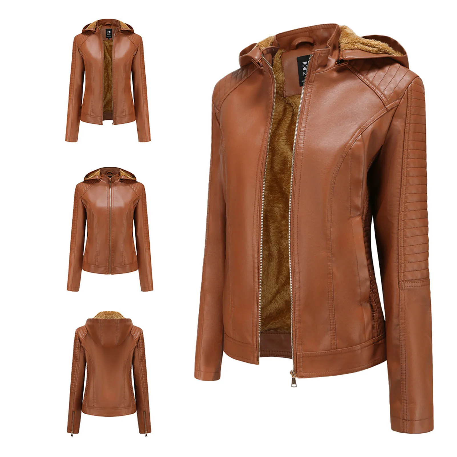 

Woman Leather Fleece Winter Jacket Long Sleeve Motorcycle Coat for Women Formal Daily Party Ball