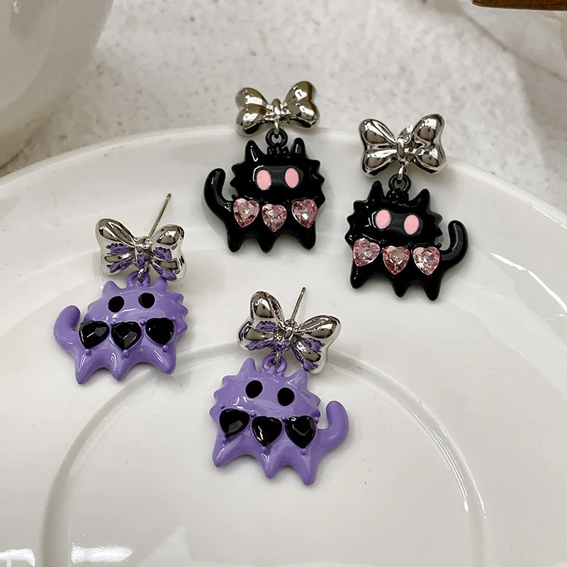 

S925 Silver Needle Cartoon Love Crystal Black Cat Women's Earrings Sweet Cool Diamond Black Cat