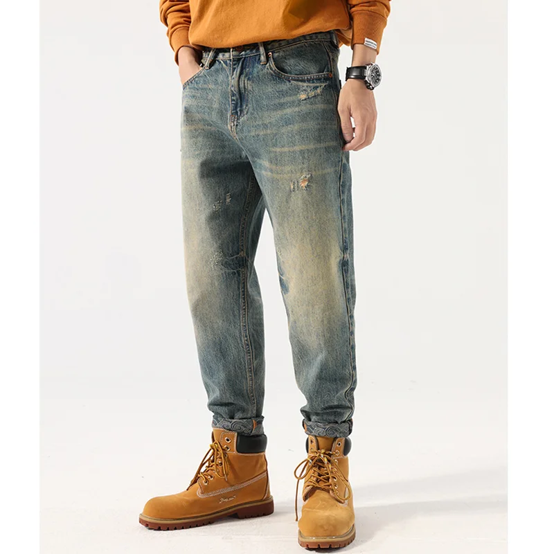 Streetwear Men 2022 New Pattern Vintage Recreational Blue Jeans Loose Straight Cylinder Broad Leg Ripped Trousers Autumn Female
