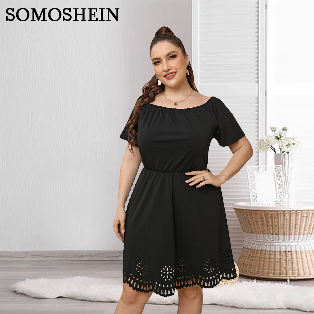 

SOMOSHEIN Plus Size Women Clothing Slash-Neck Solid Color Waist Cutout Short Sleeve Dress Evening Dress Wholesale Dropshipping