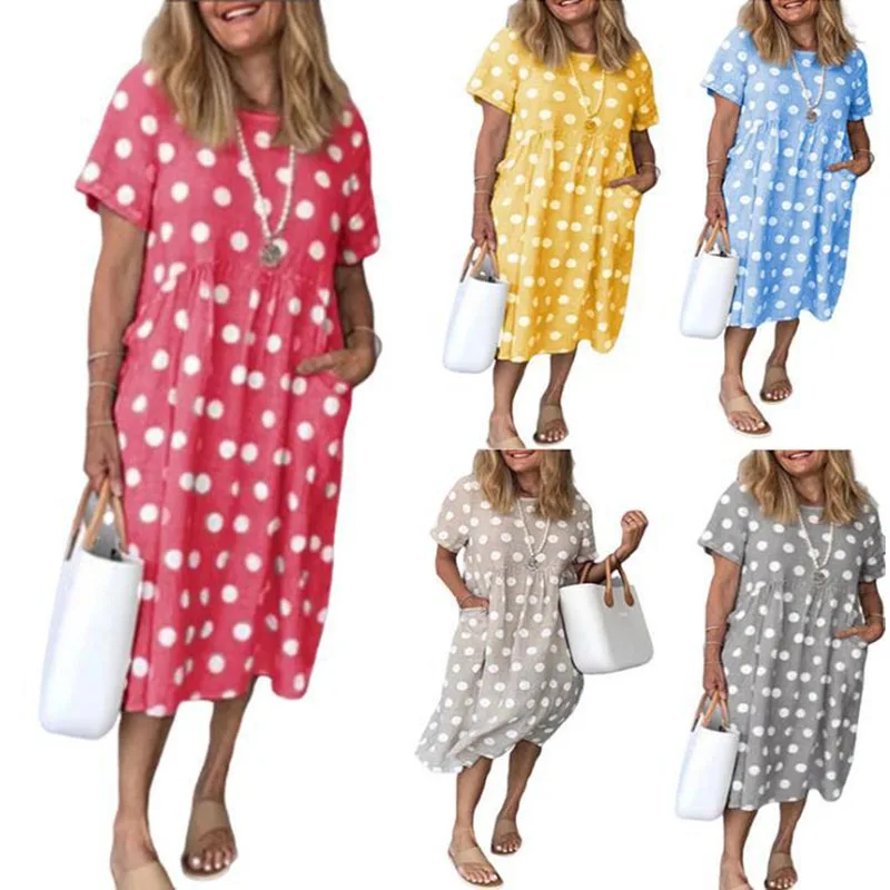 

Summer Fashion Polka Dot Print O Neck Women's Midi Dress 2022 New Casual Loose Pocket Solid Short Sleeve Pocket Ladies Vestidos