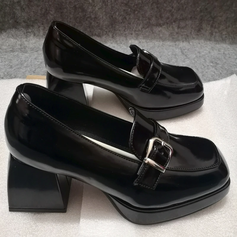 Black Heels Platform Loafers Heel Leather Shoes Women Vintage Chunky Heeled Mary Janes Japanese Lolita Y2k Shoes Slip On Pumps